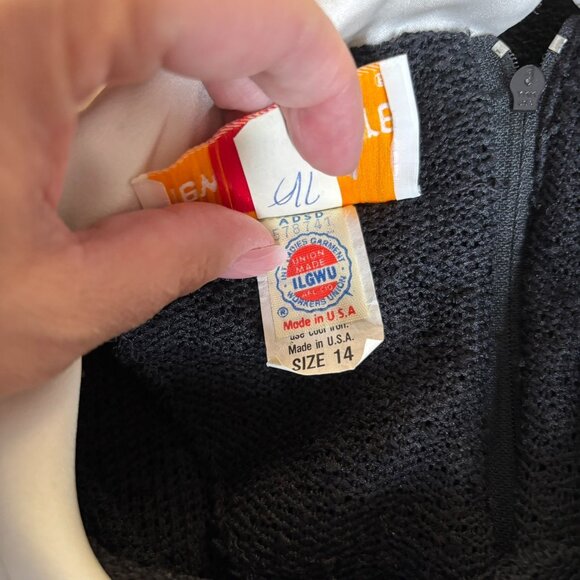 Vintage 70s Long Sleeve Knit Dress Medium Sheer Black Peter Pan Collar Zipper - Picture 8 of 9